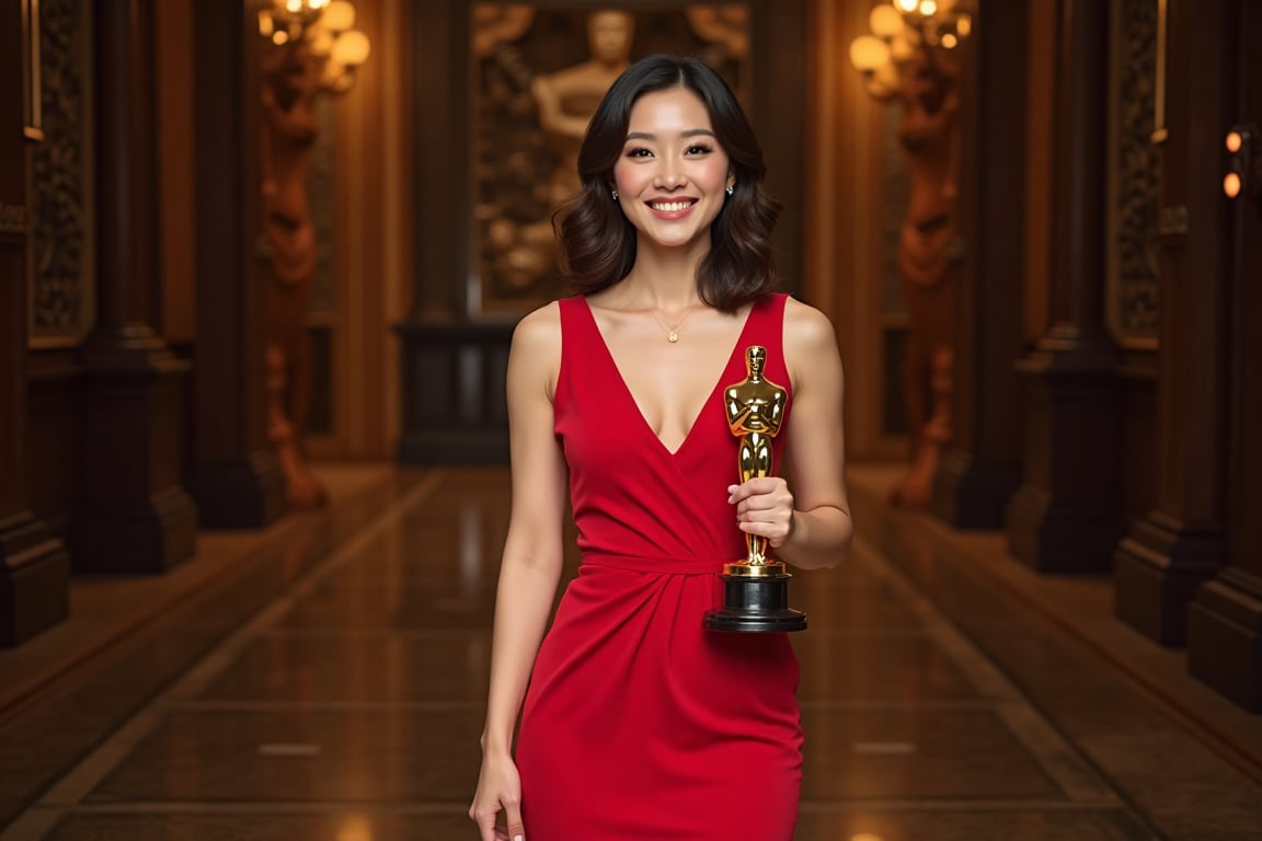 A stunning Korean lady, 45, stands confidently on the OSCAR award stage, Oscar in hand, wearing a trendy red dress. She beams with pride, her happy smile captivating against a spacious background. Framed from the waist up, the camera captures her direct gaze, sensual smile, and radiant confidence.