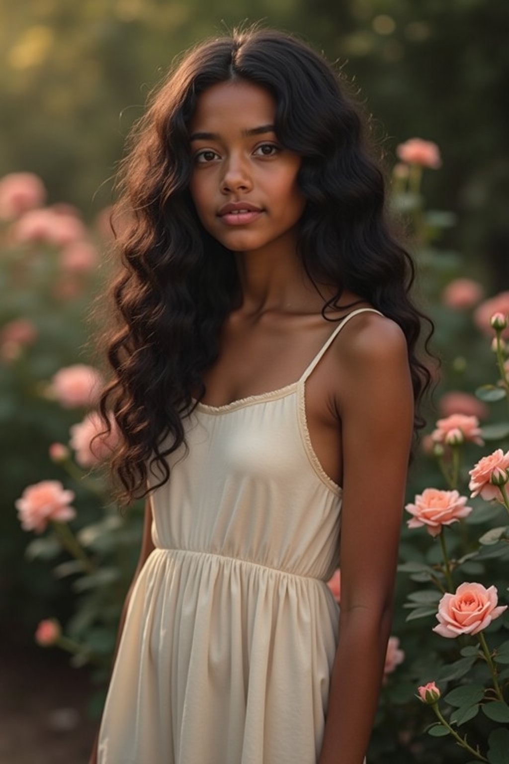 A medium figured, brown skinned girl, 18 years old, mid long black wavy hair, looking at camera, Standing in a simple rose garden, the garden is simple but very Ethereal dreamy soft glowing light and  dark colour contrast, the girl wearing simple off-white colour dress 