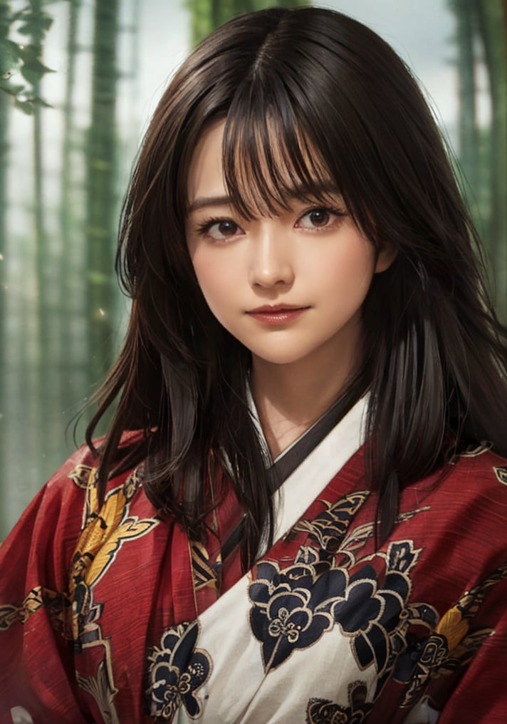 A stunning high-resolution RAW photo of a Japanese woman is set against Standing in a dark bamboo forest. She stands alone...