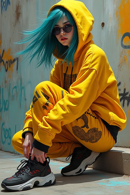 Frame the stunning 4K painting by Tsutomu Nihei: a young woman with flowing teal hair,  confidence exuding from her brilli...