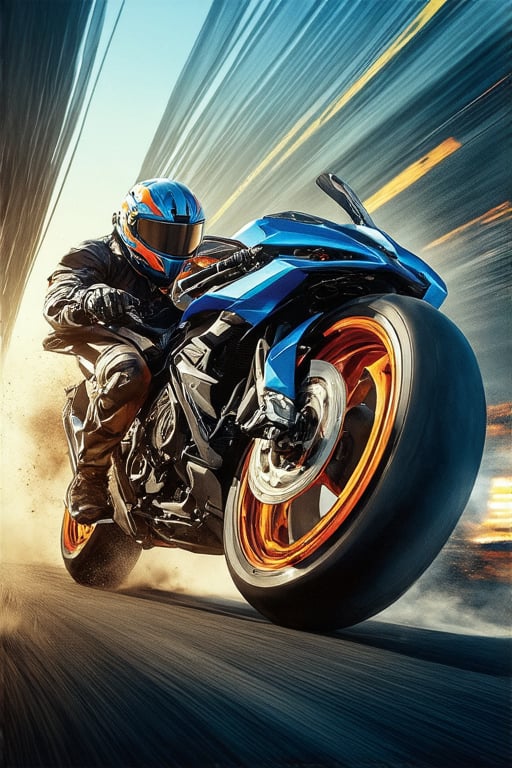 Generate an Image that shows some of the characteristics of a cybernetic motorcycle rider who is traveling at high speed. Flammed and wide alloy rims. They were wearing full gear including helmets like grasshoppers, and were bending forward while holding the handlebars of motorcycles. The motorcycle is a blue-orange with a clearly visible locust dragon mix design, and is moving fast, which is indicated by a blurry, dusty background, signaling a fast movement