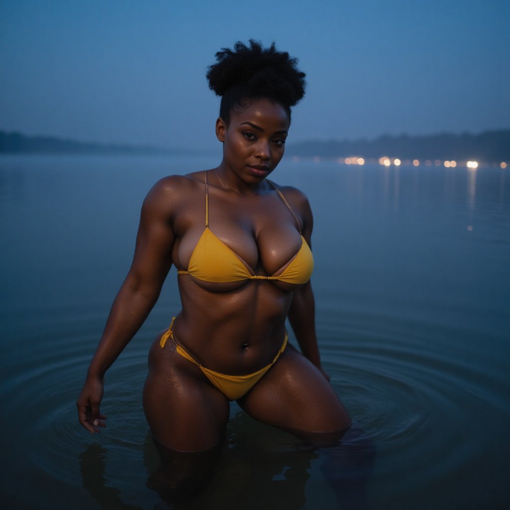 (ultra realistic,32k, masterpiece:1.2),(high detailed skin:1.1),( high quality:1.1), (masterpiece, best quality) (wide angle full body) A stunning sharp photograph masterpiece featuring an elegant Afro-American nicely breasted woman with curves and muscular, adorned with black hair, afro haircut. Her large eyes exude confidence. enigmatic relaxed expression. She is in the very calm water of a lake. The water reaches just above her knees. All her body is wet and soaked. wearing a yellow bikini. She is lighted by a soft light. Night is beginning to fall, blue hour. Background : fog. On the horizon, far off in the distance, you can make out the lights of a city.