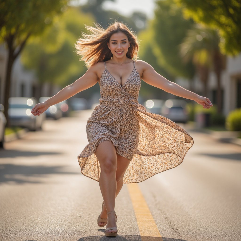 A fashionable young woman wearing a flowing summer dress is captured mid-spin on a sunlit street. Her dress and hair swirl around her as she smiles, with one arm extended outward, capturing the energy of the moment. The camera uses a medium shot with a 50mm lens, focusing on the movement of her body and the playful expression on her face. The soft afternoon light creates warm, natural tones, highlighting her silhouette as her dress catches the wind ,ek_ph0t0_b00ster