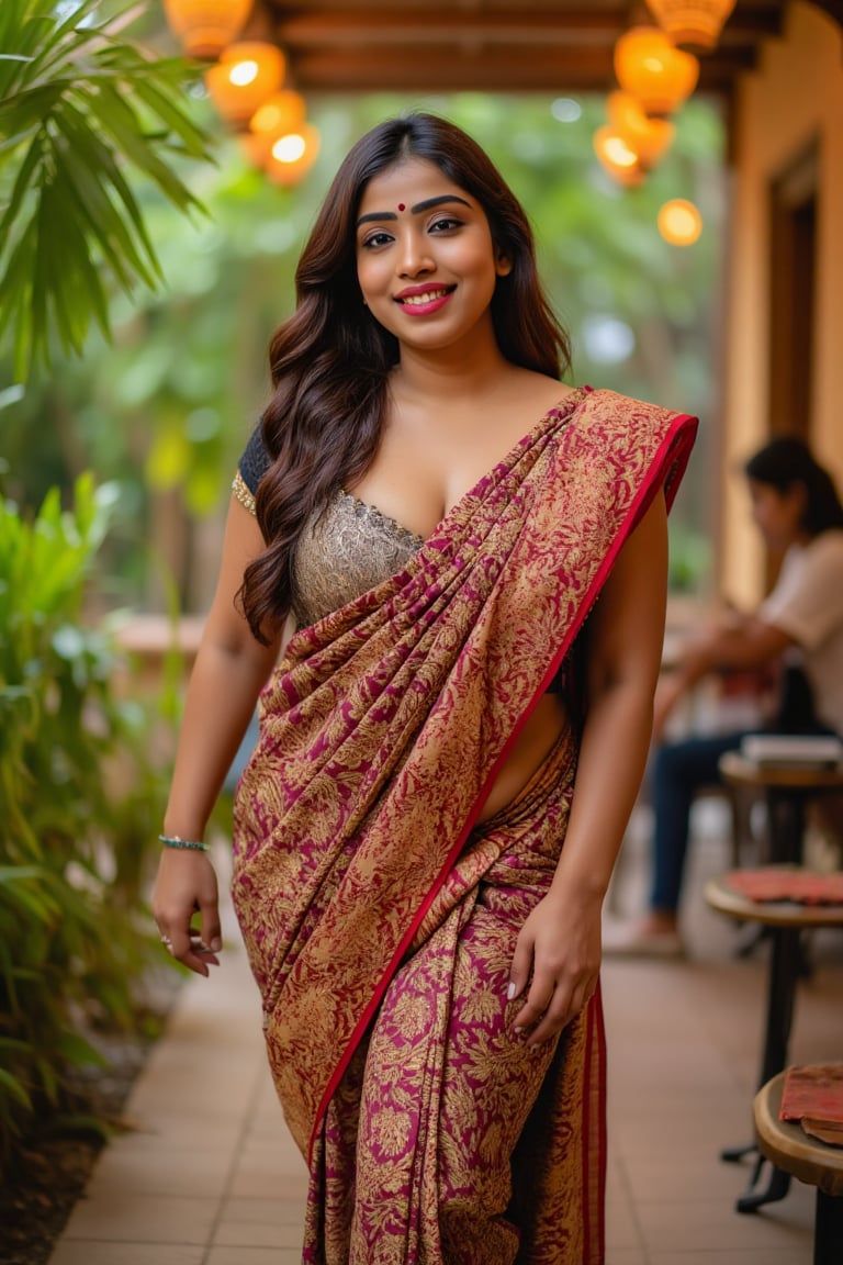 Generate a photorealistic image of a stunning 30-year-old Indian woman with a perfect figure, walking in a lush garden. She is wearing a beautiful, intricately designed saree that drapes elegantly around her body. Her long, dark hair cascades down her back, and her bright blue eyes sparkle with joy. Her lips are a vibrant pink, and her brown hair is styled perfectly. She is smiling radiantly, showcasing her happiness. In the background, a cozy cafe setting is visible, with warm cinematic lighting that highlights her beauty. A delicate bindi adorns her forehead, adding to her elegance. Capture the essence of her grace and charm in a hyper-realistic, cinematic image that looks like it was taken straight from camera",,Model,Aayushi 