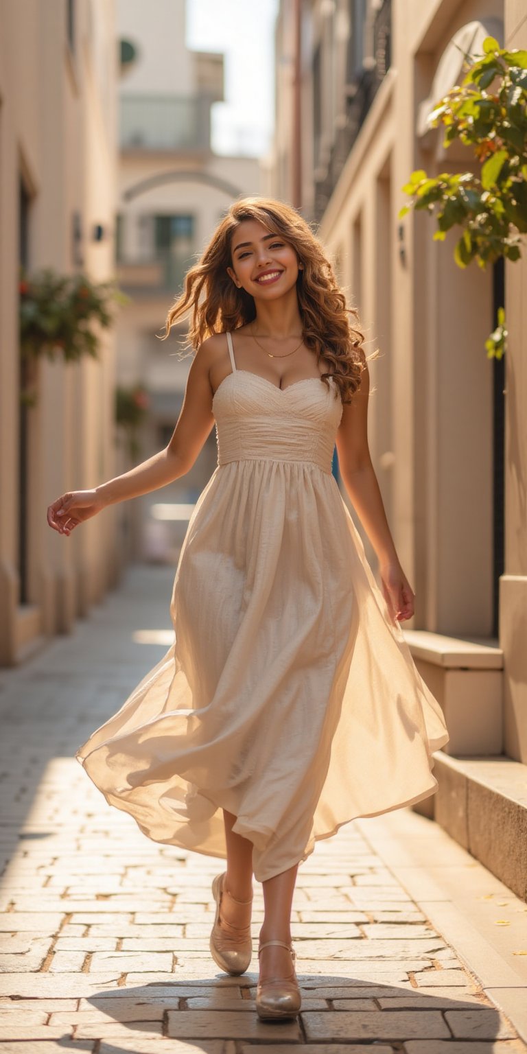 A fashionable young woman wearing a flowing summer dress is captured mid-spin on a sunlit street. Her dress and hair swirl around her as she smiles, with one arm extended outward, capturing the energy of the moment. The camera uses a medium shot with a 50mm lens, focusing on the
movement of her body and the playful expression on her face. The soft afternoon light creates warm, natural tones,
highlighting her silhouette as her dress catches the wind ,ek_ph0t0_b00ster