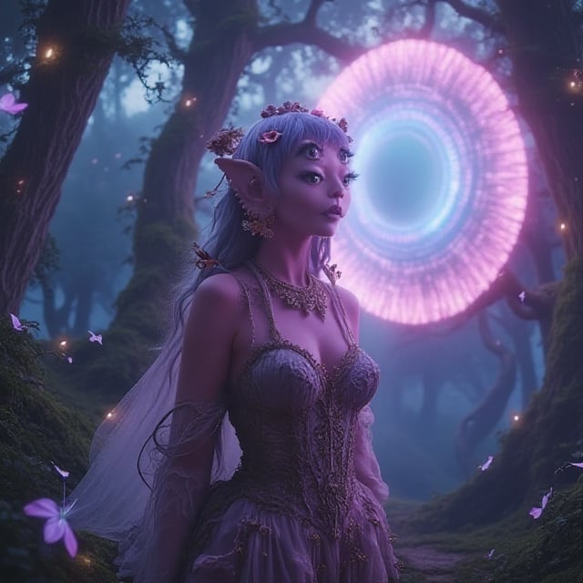 a woman with four eyes She stands in a mystical forest, where the trees are twisted and glowing with bioluminescent light. Her appearance is striking—her skin has a soft, pastel hue, and her eyes are large, almost alien-like, with vibrant colors. She wears an intricate, flowing gown made of organic materials like vines, flowers, and iridescent insect wings, blending with the natural surroundings. Her hair is long and wavy, adorned with small glowing crystals and ethereal creatures resting on her shoulders. Behind her, a large, glowing portal hovers, swirling with shades of pink, blue, and purple, casting an enchanting light across the scene. The atmosphere is dreamlike, as if she’s stepping between worlds, with soft mist and floating particles filling the air, adding a sense of magic and mystery to the scene."