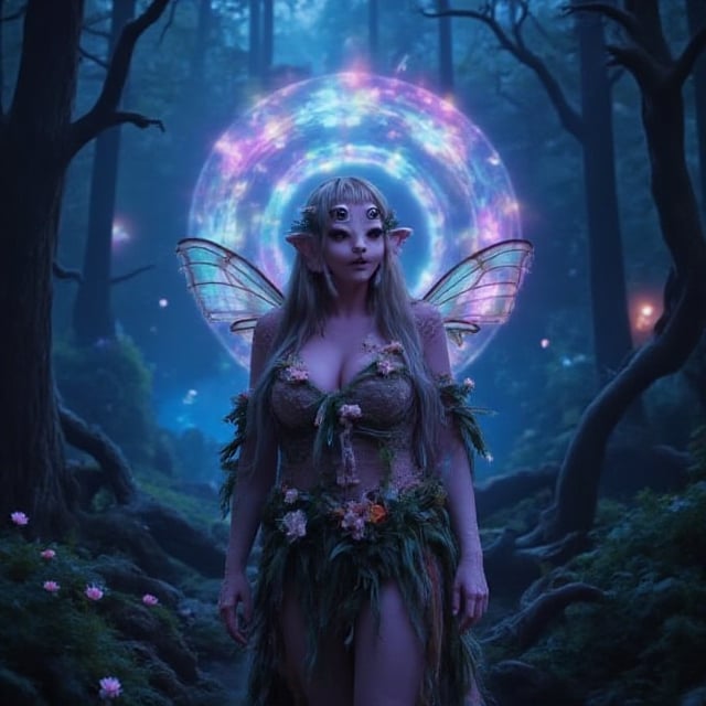 a woman with four eyes She stands in a mystical forest, where the trees are twisted and glowing with bioluminescent light. Her appearance is striking—her skin has a soft, pastel hue, and her eyes are large, almost alien-like, with vibrant colors. She wears an intricate, flowing gown made of organic materials like vines, flowers, and iridescent insect wings, blending with the natural surroundings. Her hair is long and wavy, adorned with small glowing crystals and ethereal creatures resting on her shoulders. Behind her, a large, glowing portal hovers, swirling with shades of pink, blue, and purple, casting an enchanting light across the scene. The atmosphere is dreamlike, as if she’s stepping between worlds, with soft mist and floating particles filling the air, adding a sense of magic and mystery to the scene."