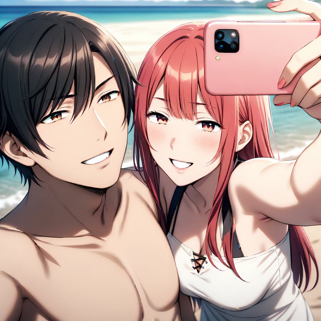 couple, hetero, taking selfie, 1boy, 1girl, standing near beach, boy with black hair, girl with soft red hair