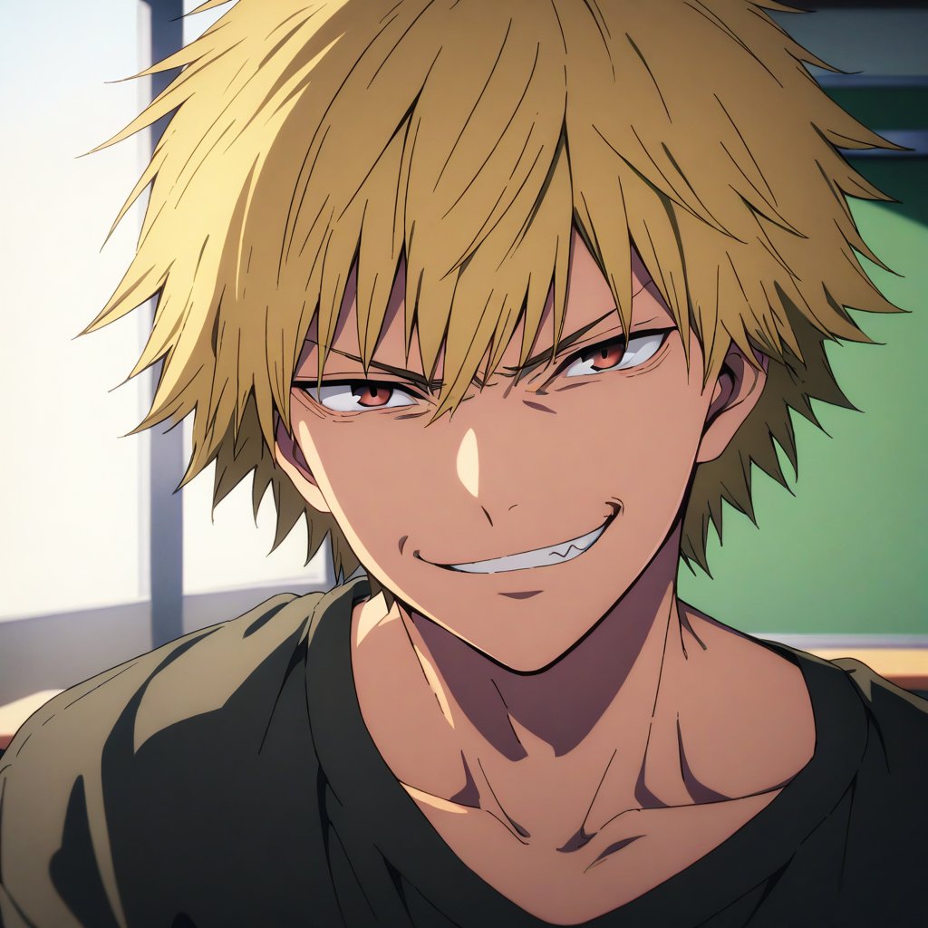 male, solo, looking at viewer, evil smirk, denji, blond hair, class_room, half body, brown eyes