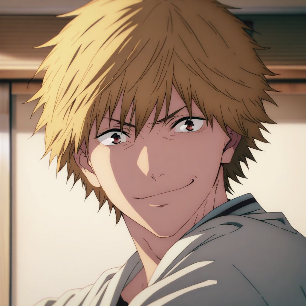 male, solo, looking at viewer, smirk,denji, blond hair, class_room, half body