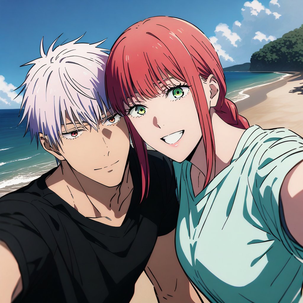 couple, hetero, taking selfie, 1boy, 1girl, standing near beach, boy with white hair, girl with soft red hair,makima_v1, satorugojo,