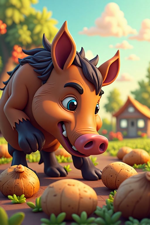 cartoon art style , wild boar digs potatoes with its nose in potatoes field near the house