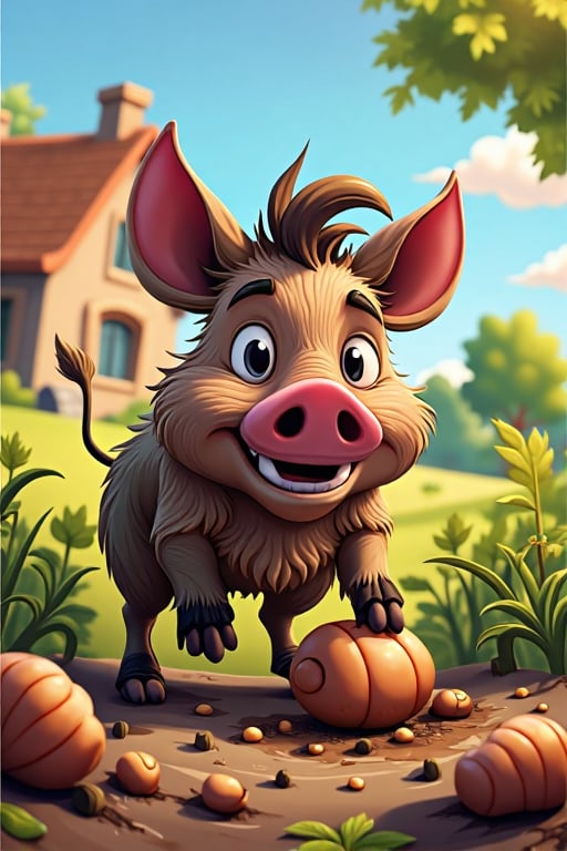 cartoon art style , wild boar digs potatoes with its nose in potatoes field near the house