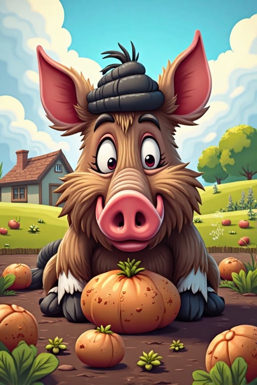 cartoon art style , wild boar digs potatoes with its nose in potatoes field near the house