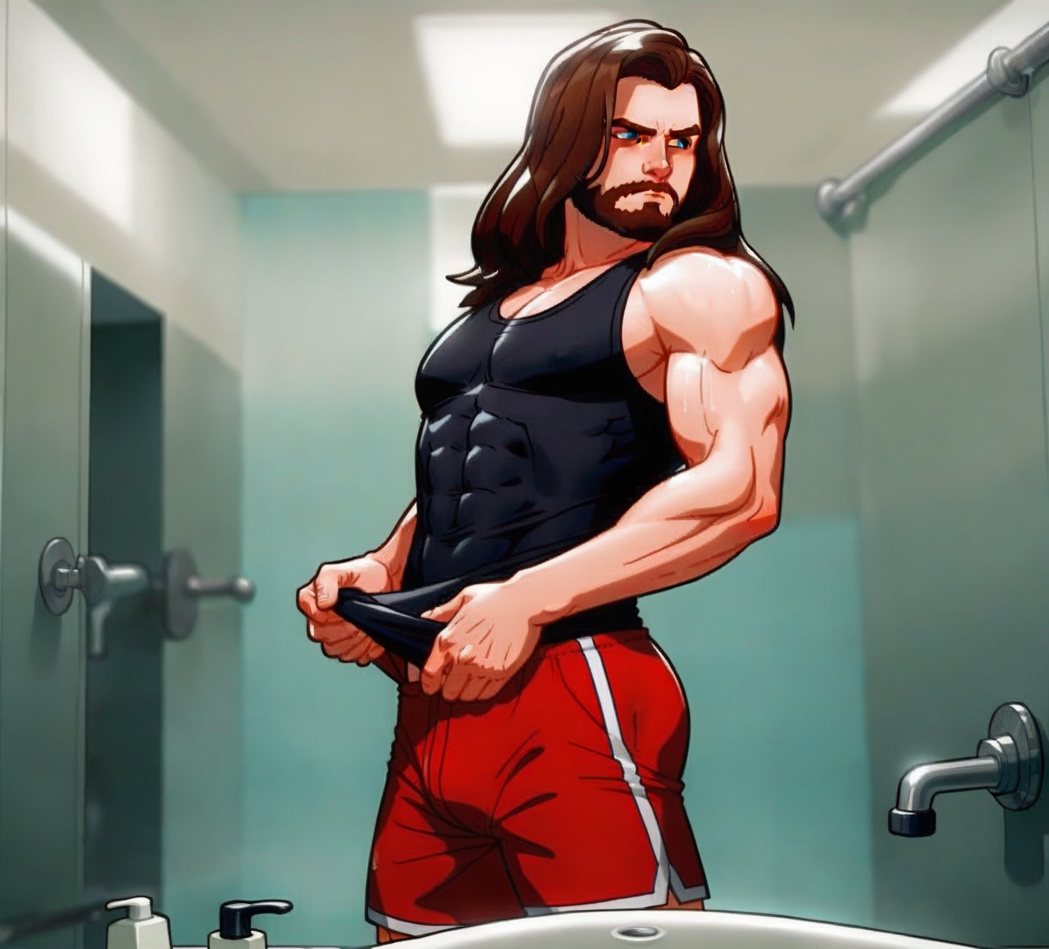 Buck Barnes, bathroom, solo, 1boy, male_focus, hand lifted, long hair, brown hair, blue eyes, beard, frown, muscular, single mechanical left arm, black tanktop, mini red shorts, huge pectorals.