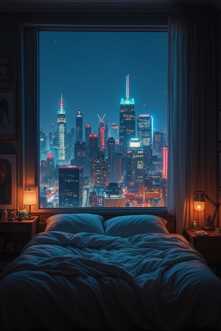 A cyberpunk city skyline at night, towering skyscrapers with neon lights, seen through a large bedroom window. The bed is directly underneath, with soft, cozy bedding. The dimly lit bedroom has a noir style, with warm, ambient lighting. The room looks lived-in, with personal items scattered around, creating a cozy atmosphere. The composition frames the cityscape as the focal point, with the bed and bedroom adding depth and context.