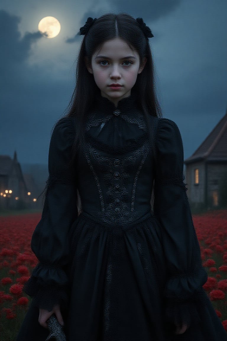 A gothic young girl stands in a moonlit field of red flowers,  her expression calm yet intense. She wears an intricately d...