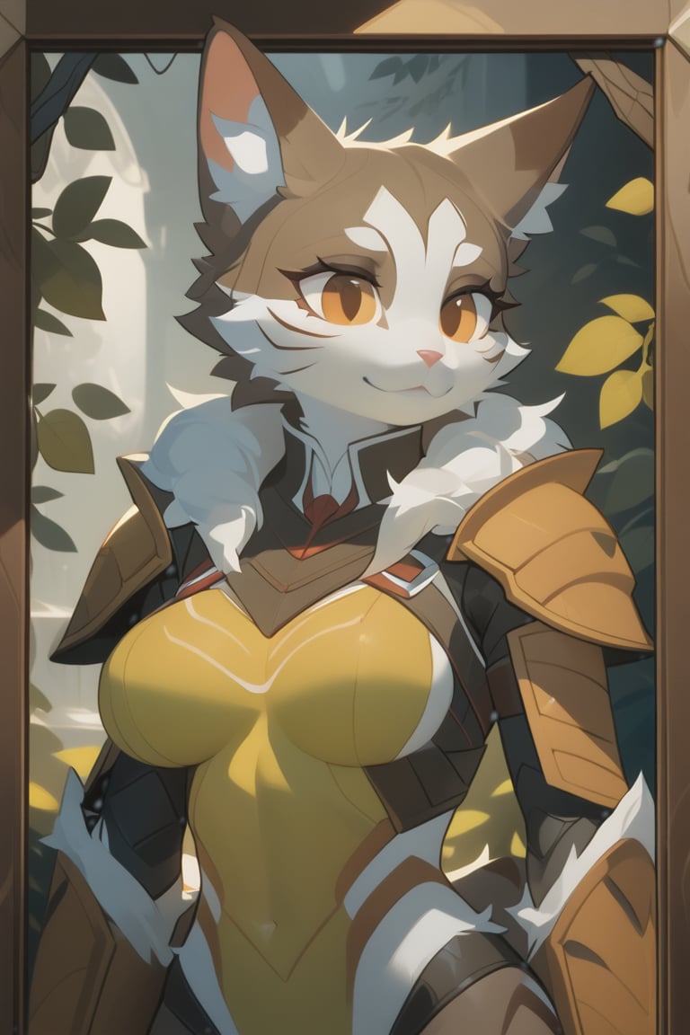 A close-up shot of an anthro cat female with her court of owls talon assassin water on, standing, her robust physique on full display as she proudly showcases her abundant bosom. The soft brown armor on her torso and arms provides a warm contrast to the upper armor, glistening with a subtle sheen. Framed by dying greenery,s.,score_9, score_8_up, score_7_up,