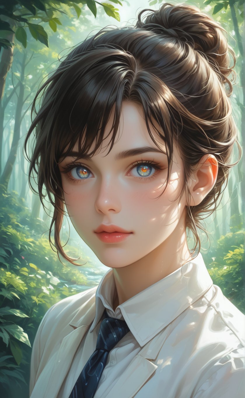  In a close-up portrait, capture the face of a beautiful young brunette with iridescent colorful rainbow pupils, gazing directly at the viewer. Her features are illuminated by a professional flashlight, enhancing the delicate contours of her face. The background features a lush nature forest, creating a serene atmosphere with dappled light filtering through the leaves. Her eyes, vivid and striking, reflect a spectrum of rainbow colors, adding a mesmerizing focal point to the image. The soft yet vibrant lighting accentuates her natural beauty, with details such as her silky hair and smooth skin further highlighted by the illumination. The overall effect is enchanting, blending the allure of her colorful eyes with the tranquil essence of the forest setting. 