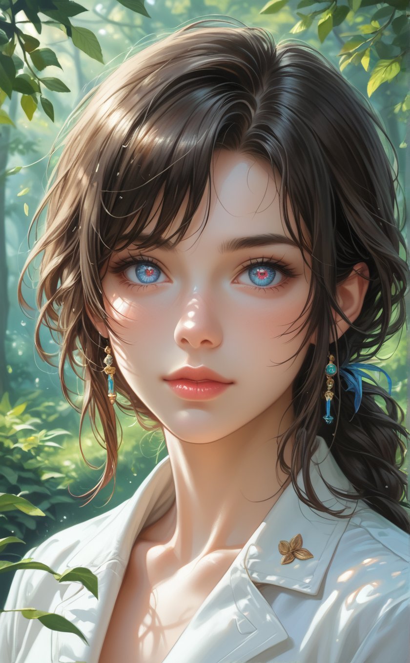  In a close-up portrait, capture the face of a beautiful young brunette with iridescent colorful rainbow pupils, gazing directly at the viewer. Her features are illuminated by a professional flashlight, enhancing the delicate contours of her face. The background features a lush nature forest, creating a serene atmosphere with dappled light filtering through the leaves. Her eyes, vivid and striking, reflect a spectrum of rainbow colors, adding a mesmerizing focal point to the image. The soft yet vibrant lighting accentuates her natural beauty, with details such as her silky hair and smooth skin further highlighted by the illumination. The overall effect is enchanting, blending the allure of her colorful eyes with the tranquil essence of the forest setting. 