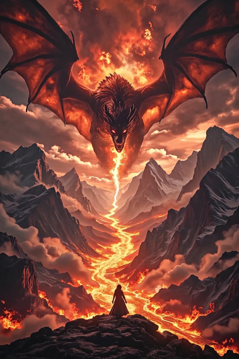 A majestic heroine stands triumphantly, surrounded by a fiery inferno as a behemoth red-black dragon soars through the smoky veil in the distance, its wings beating fiercely as it spews flames in every direction. Towering mountain ranges rise majestically into the darkening sky, their rugged peaks shrouded in mist and chaos.