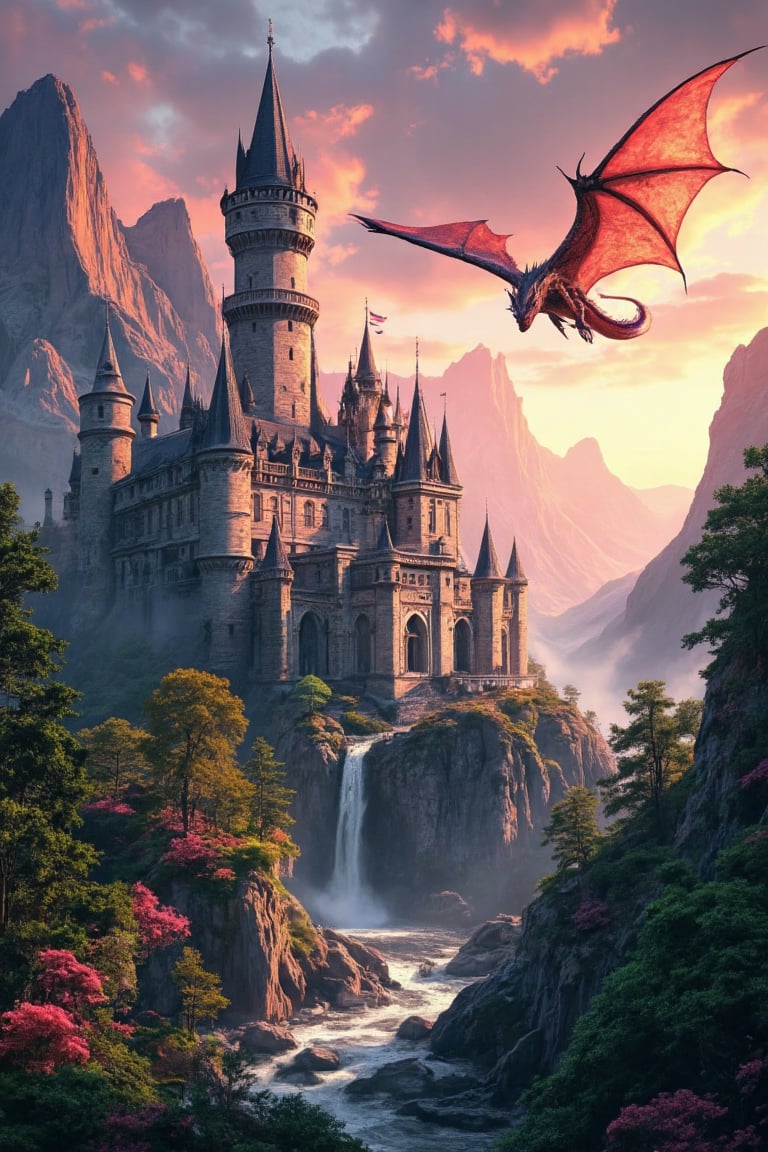 Here's a prompt for an 8k image:

A breathtaking, high-resolution landscape unfolds before us: a majestic medieval castle stands tall against a warm golden sunset glow, its intricate stone walls and grand architecture majestically illuminated; in the distance, a powerful dragon spreads its wings, scales glinting as it soars across the rolling hills and lush greenery of the horizon.