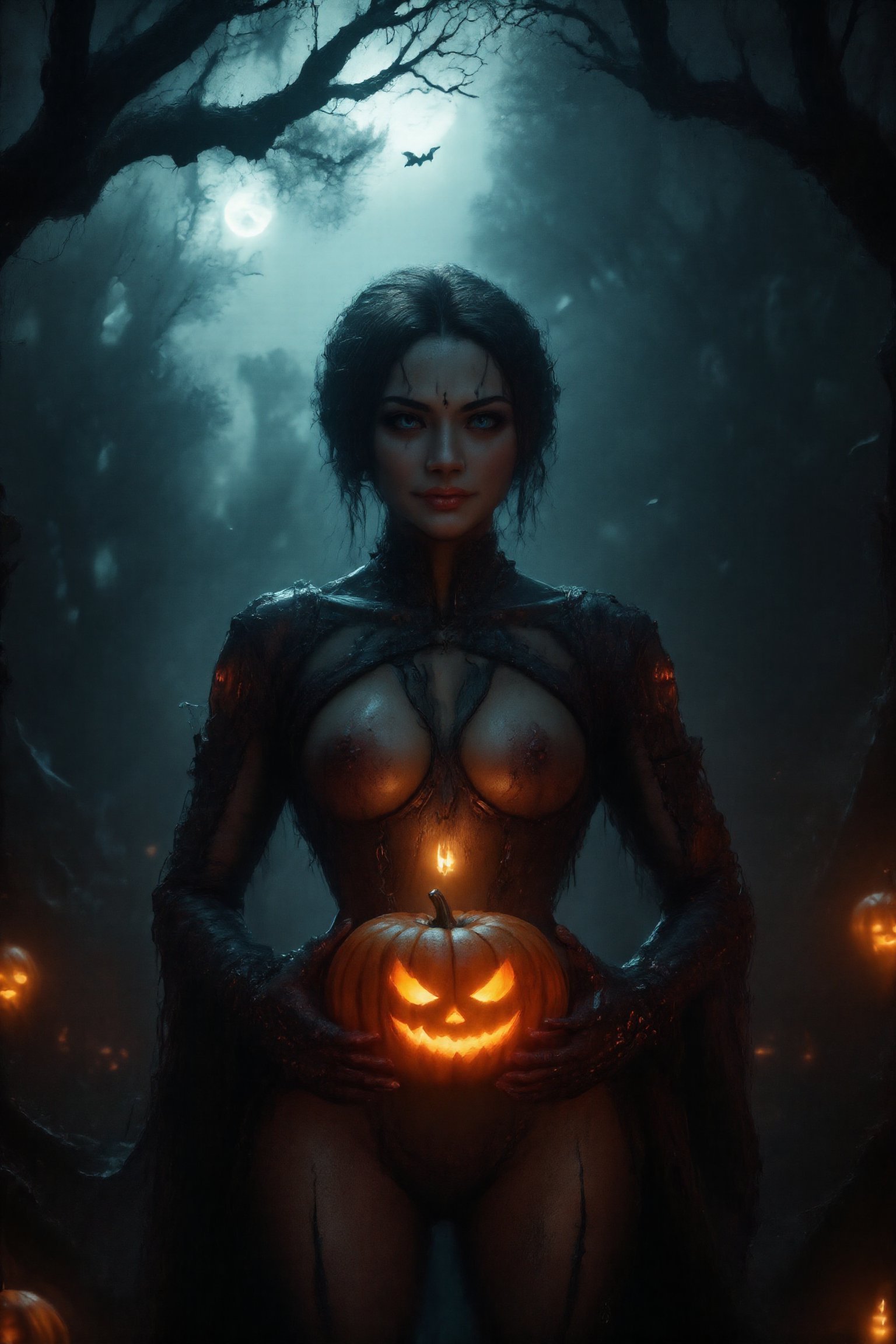 A spooky art drawing of a woman standing in a dimly lit, eerie forest. She holds a glowing pumpkin in her hands, casting an ominous light on her face. Her expression is one of mystery and intrigue, with a slight smile. The background features twisted trees and a full moon, creating a haunting atmosphere. The composition is centered, with the woman in the foreground and the forest in the background, emphasizing the spooky mood.