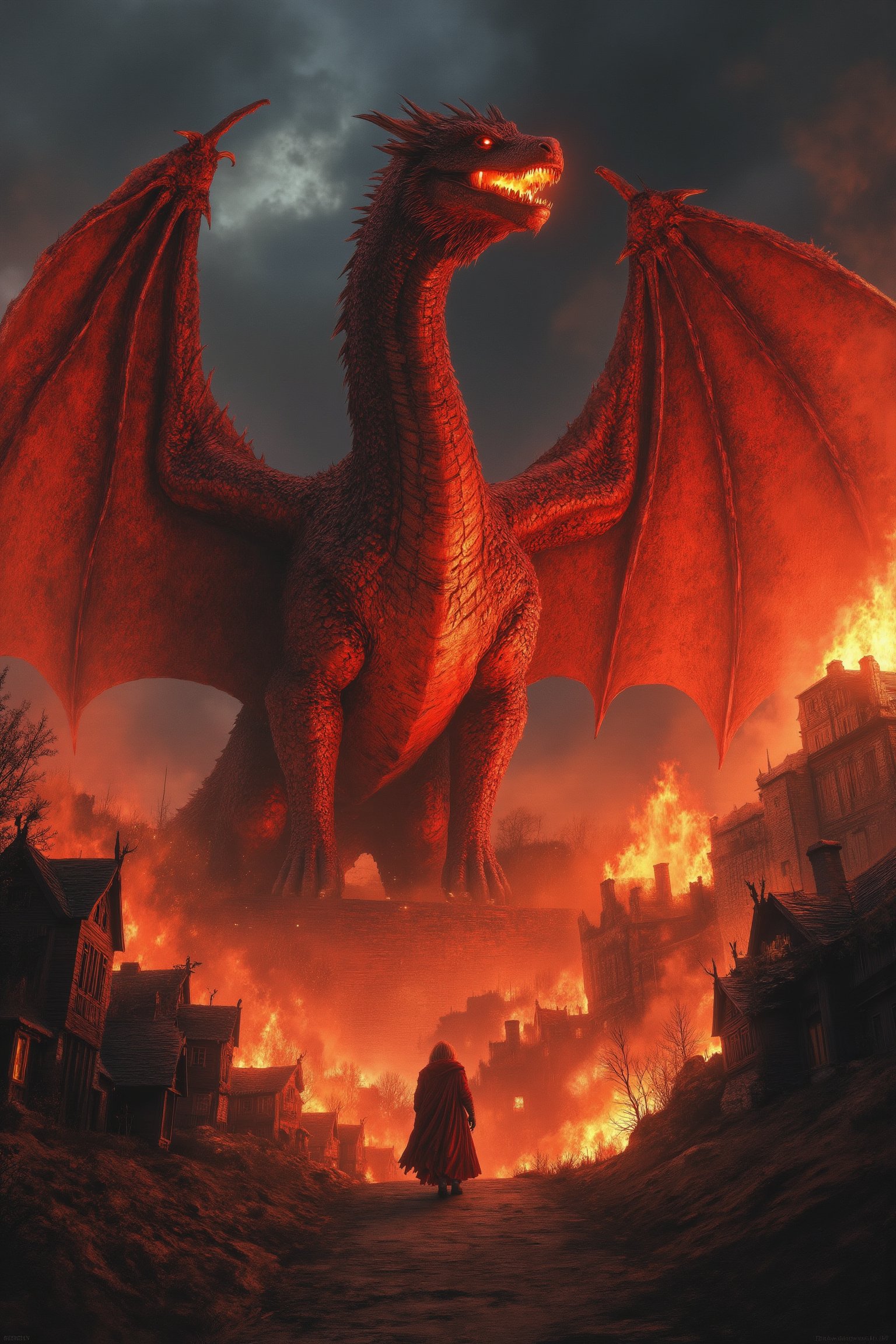 Low-angle shot of a behemoth dragon perched atop a hill, gazing down at the medieval village below as twilight descends. Crimson and obsidian scales glint in the fading light, while wingspan casts an ominous shadow across the darkening sky. Flames erupt from its maw, bathing the scene in infernal orange glow as fire cascades down into the valley. Ultra-high resolution details of scales and muscular form on full display. Dramatic contrast between fiery orange and darkening blue emphasizes dragon's imposing silhouette. Volumetric smoke effects billow from burning buildings, creating atmospheric layers. Golden hour atmosphere and high dynamic range enhance scorched earth foreground, as the dragon appears to reign supreme.