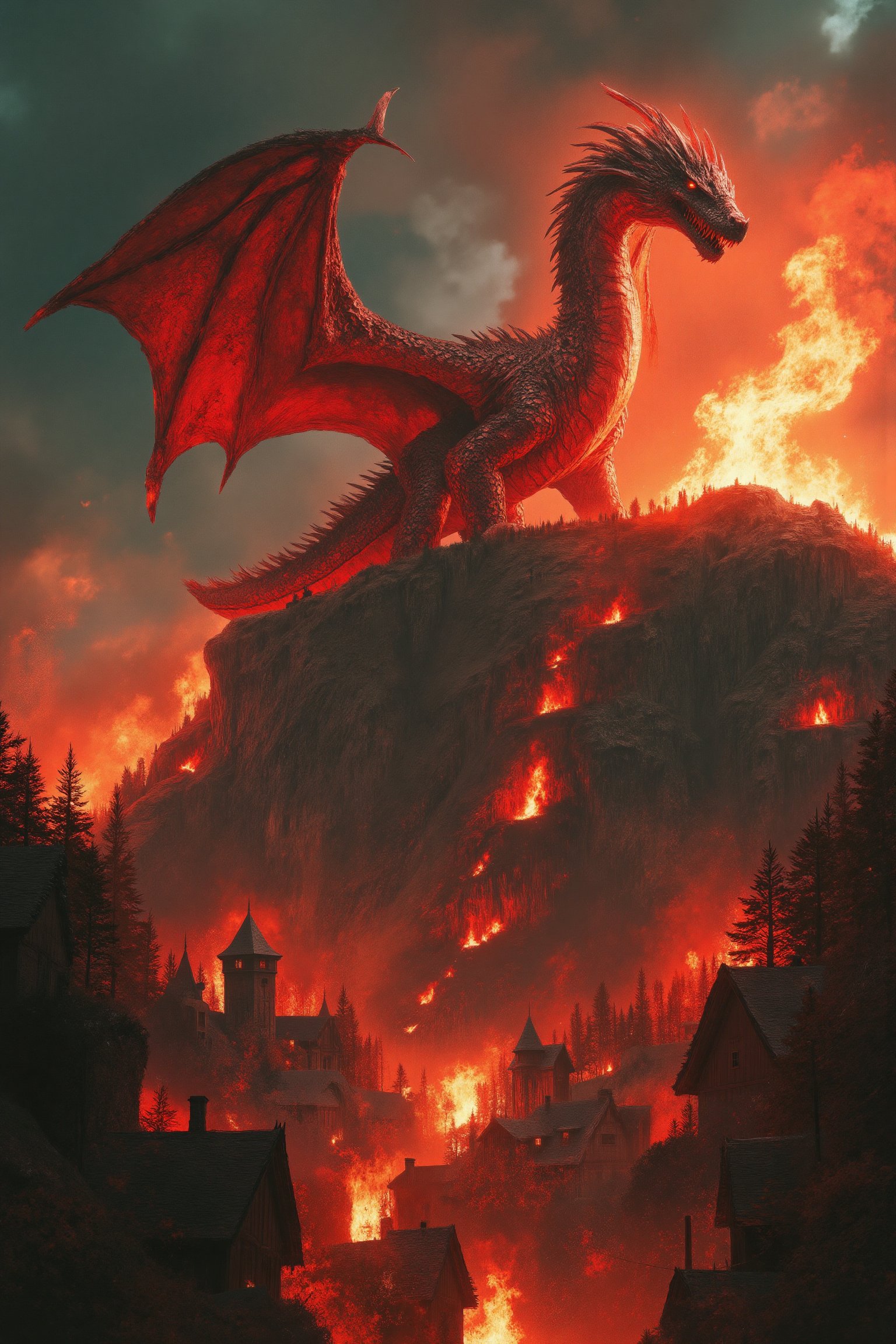 A massive dragon with crimson and obsidian scales perched atop a hill, photographed from a low angle looking up at the valley. The beast's wingspan stretches across the twilight sky, casting an ominous shadow. Flames erupt from its gaping maw, illuminating the scene with an infernal glow as the fire cascades down into a medieval village below. Thatched roofs catch ablaze, creating a dramatic contrast of orange firelight against the darkening sky. The dragon's scales glisten with a metallic sheen, its muscular form detailed in ultra-high resolution. Smoke billows from burning buildings, creating atmospheric layers in the valley. The composition draws the eye from the foreground's scorched earth up to the dragon's imposing silhouette. Technical details: Ultra HD resolution, dramatic lighting, photorealistic rendering, golden hour atmosphere, volumetric smoke effects, high dynamic range.