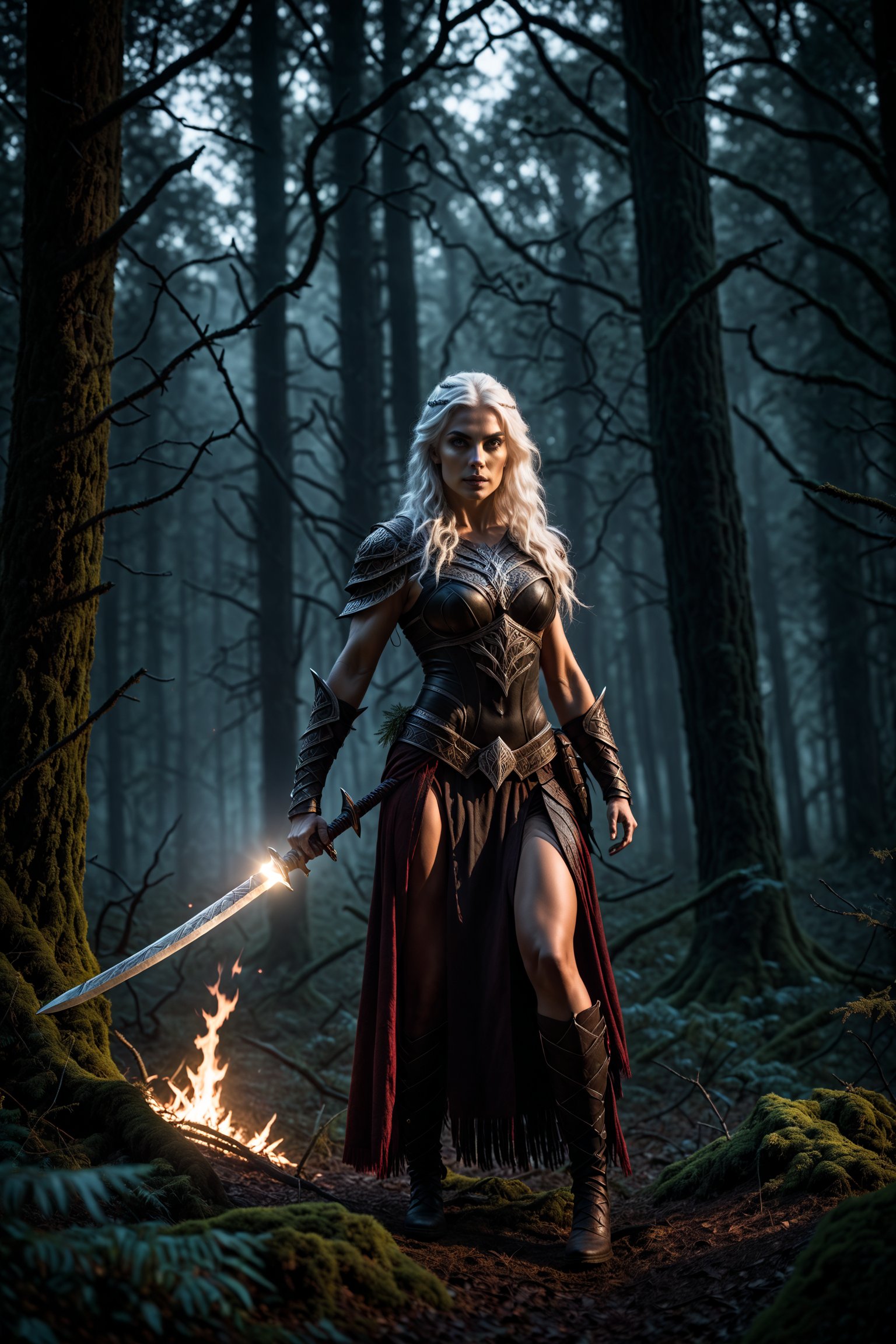 A hauntingly beautiful warrior woman stands at the edge of a mystical forest clearing, illuminated only by the flickering torchlight that casts eerie shadows on her lithe physique. Her fiery white hair appears ablaze, radiating an alluring aura as she holds the dark and mysterious forces at bay. The monster-ridden landscape looms behind her, its ominous presence amplified by the foreboding silhouettes of twisted trees and gnarled underbrush.