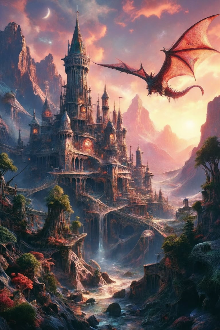 8k, A majestic landscape unfolds before us, with a picturesque castle standing tall in the distance. The setting sun casts a warm golden glow upon its stone walls, highlighting the intricate details and grandeur of this medieval stronghold. In the sky above, a mighty dragon spreads its wings, its scales glinting in the fading light as it soars effortlessly across the horizon, against a backdrop of rolling hills and lush greenery.