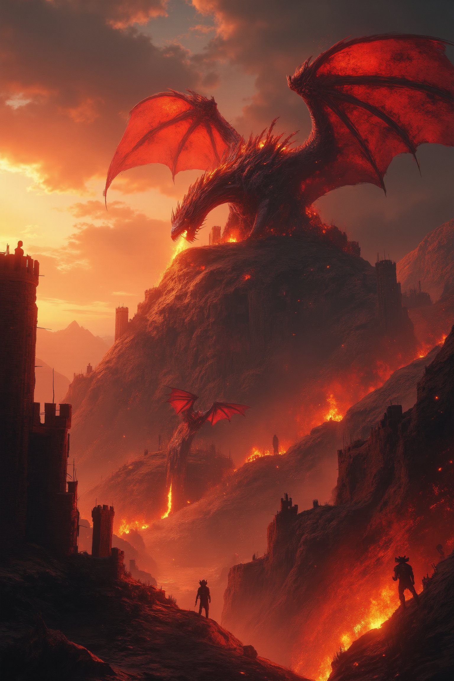 Photograph a massive dragon with crimson and obsidian scales perched atop a hill from a low angle looking up at the valley. The beast's wingspan stretches across the twilight sky, casting an ominous shadow. Flames erupt from its gaping maw, illuminating the scene with an infernal glow as fire cascades down into a medieval village below. Capture ultra-high resolution details of the dragon's scales and muscular form. Highlight dramatic contrast between orange firelight against darkening sky. Volumetric smoke effects should billow from burning buildings, creating atmospheric layers in the valley. Golden hour atmosphere and high dynamic range should emphasize the dragon's imposing silhouette and scorched earth foreground.