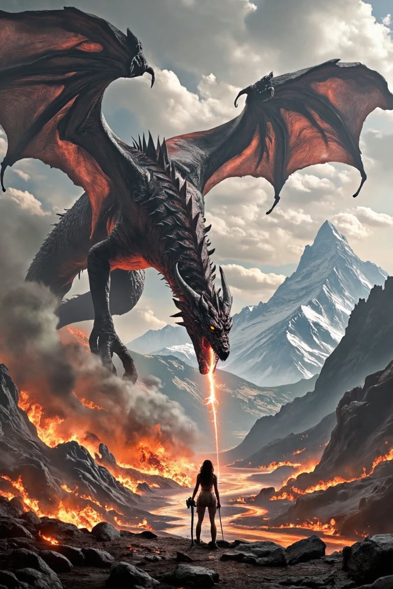 A beautiful warrior in a bikini leather armor with a mask around the waist. standing on the battlefield, clutching a large rune sword in her hand, in the distance her huge red-black dragon flies to her aid, spewing fire in all directions. In the background are huge mountains.