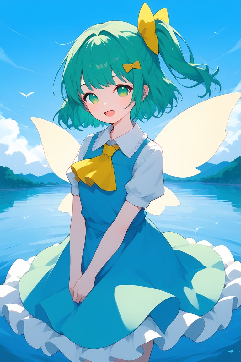 score_9, score_8_up, score_7_up, score_6_up, score_5_up, score_4_up, source anime 
BREAK 
daiyousei, green_hair, hair_bow, long_hair, green_eyes, wings, fairy_wings, side_ponytail, shirt, white_shirt, bow, short_sleeves, yellow_bow, collared_shirt, puffy_sleeves, dress, blue_dress, ascot, yellow_ascot, pastel color, happy, open mouth, lake backdrop