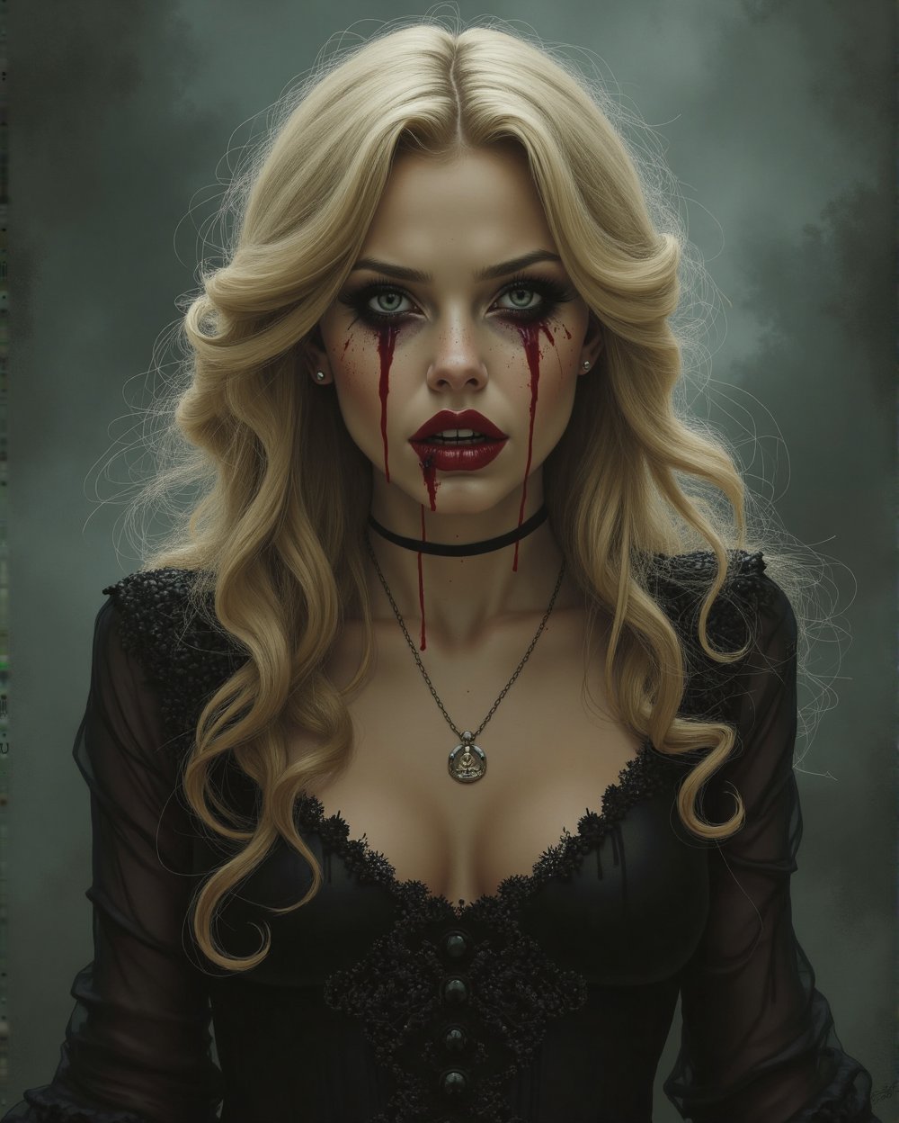 gothic horror vintage illustration, vampire blonde girl with bloody tears, intricate, elegant, highly detailed, centered, digital painting, artstation, concept art, smooth, sharp focus, league of legends concept art,  horror vintage illustration, vampire blonde girl with bloody tears running down face wearing black dress, long curled hair, foggy background, by horace hsu, tony sart, noah bradley, furaffinity, artstation, deviantart, symmetric, 8 k, high resolution, insanely detailed, complex, elegant, art by artgerm, dread necromancer