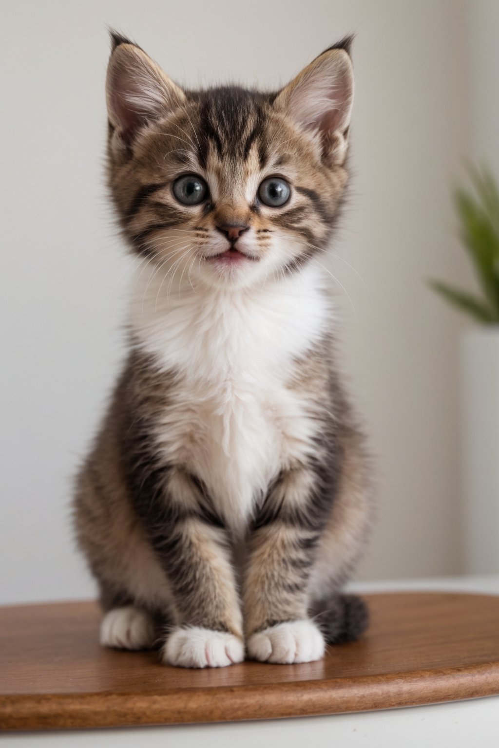 A kitten sitting on a table looking like it is smiling.