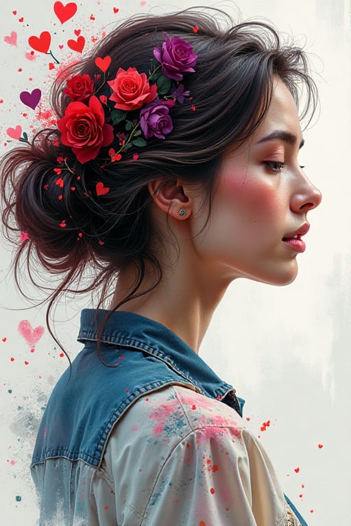 Create a creative profile portrait of a woman using paintography,  blending traditional painting techniques with digital e...