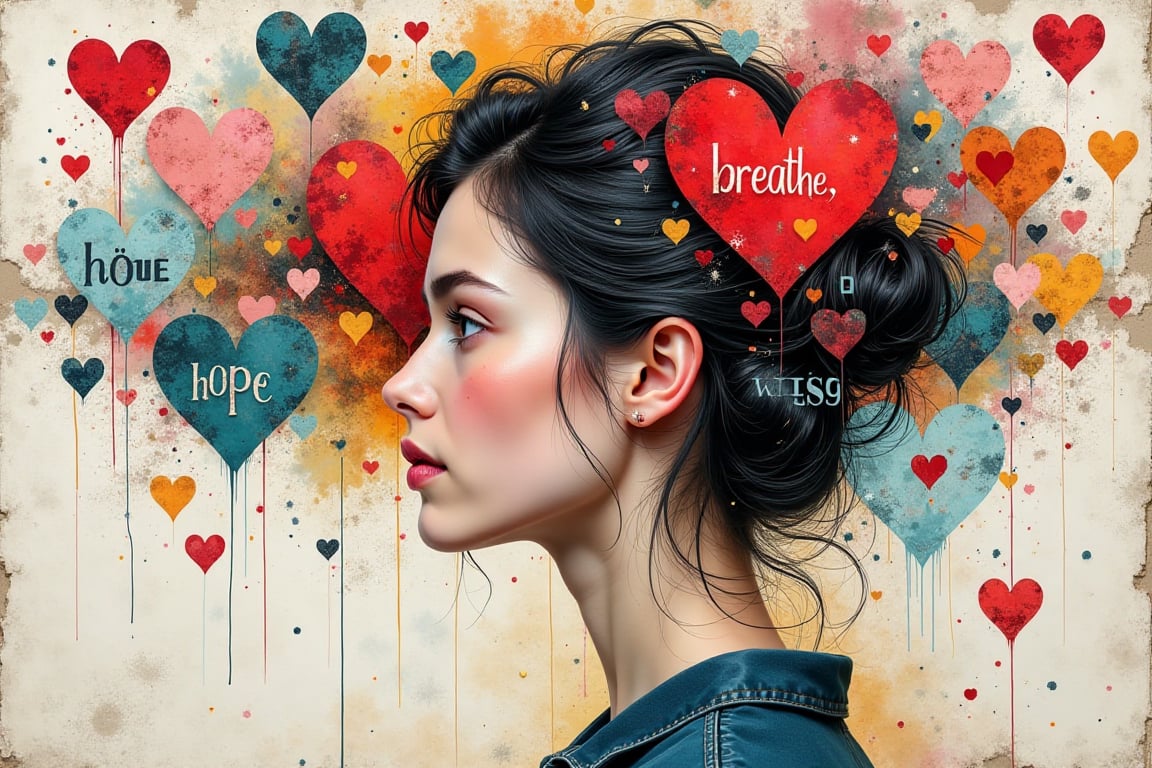 Create a mixed media collage art piece centered on a woman experiencing anxiety. Use a variety of materials—papers,  texti...