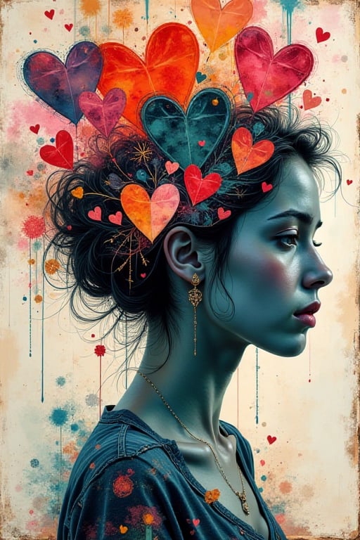 Create a mixed media collage art piece centered on a woman experiencing anxiety. Use a variety of materials—papers,  texti...