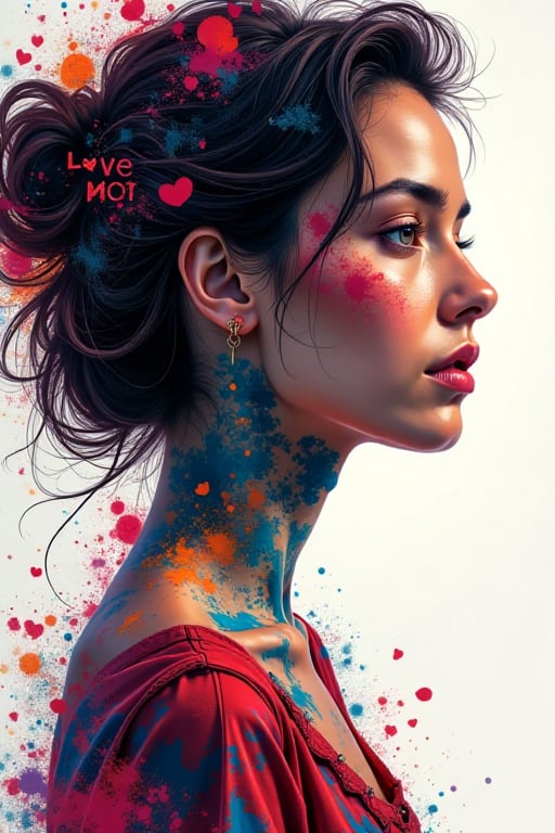 Create a creative profile portrait of a woman using paintography,  blending traditional painting techniques with digital e...