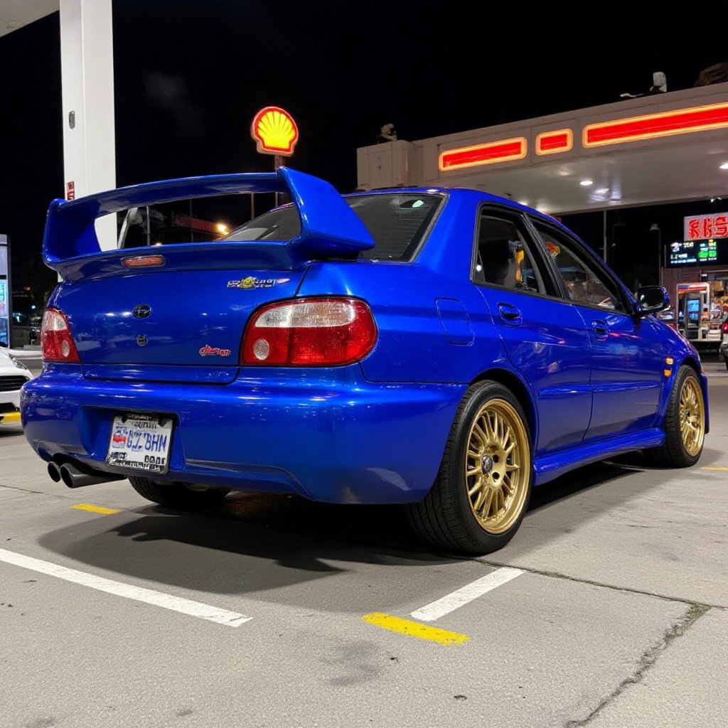 photo of a 1998 Subaru Impreza 22B STI, shiny blue paint, gold rims, wearing a rear spoiler, at a Shell gas station, photo taken at night with super realistic cellphone quality