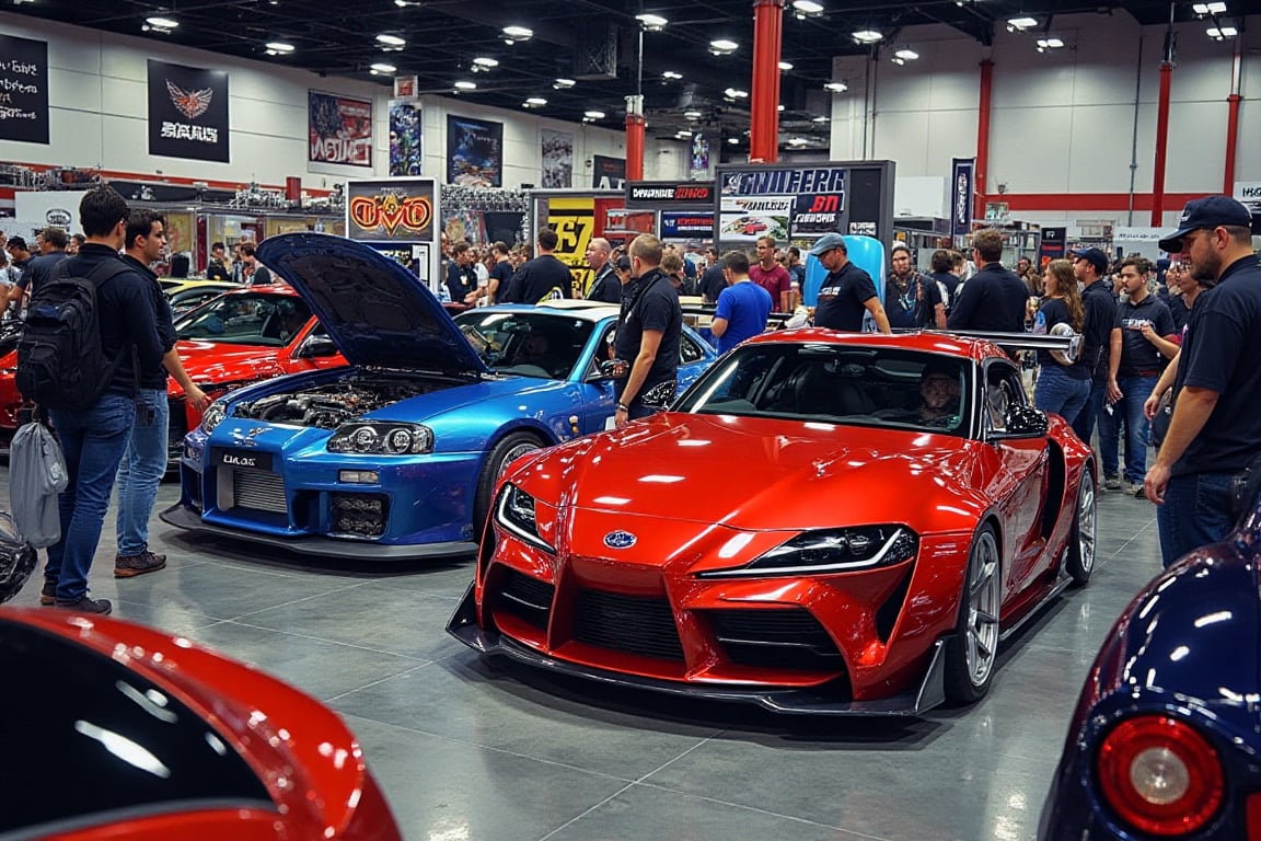 The supercar event featured JDM cars, with booths, crowds and vendors. The scene displayed a busy atmosphere, with various JDM cars on display, each booth displaying different models and accessories. The crowd was engaged, interacting with vendors and admiring the cars. The lighting is bright and vibrant, highlighting the colorful display and energetic environment.