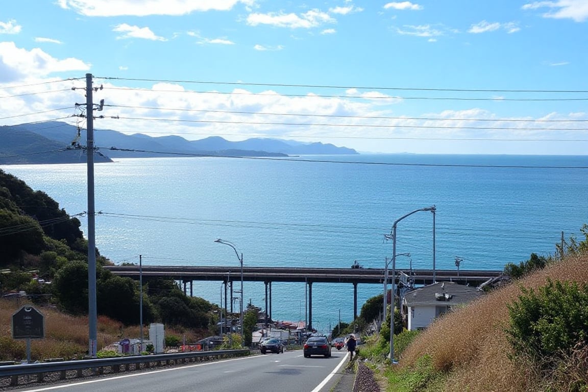 photo of a train crossing on the Kamakura road in Japan with a view of blue sea water and reflected sunlight, photo taken with a super realistic quality cell phone