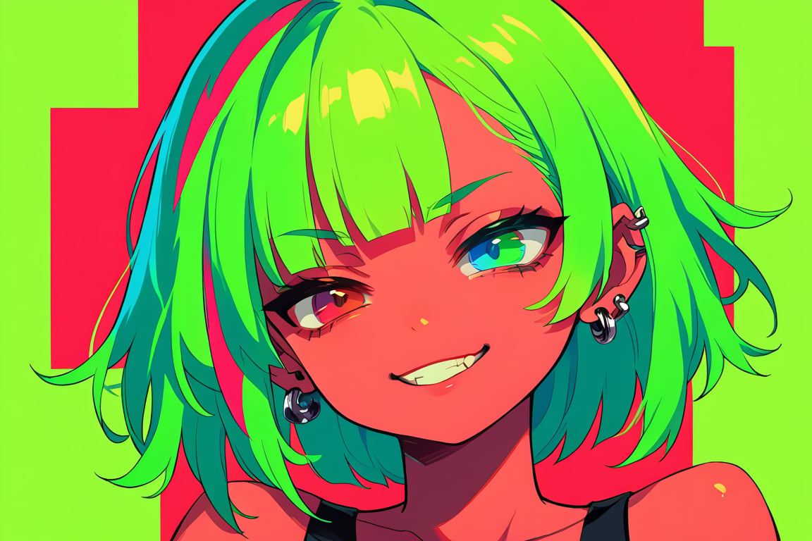 score_9, score_8_up, score_7_up,source_anime,BREAK, Vibrant pastel colors, limited_palette, restricted_palette, 1girl, smug, piercing neon eyes, Neon, bright lime green hair, flat red background, head_tilt, heterochromia,