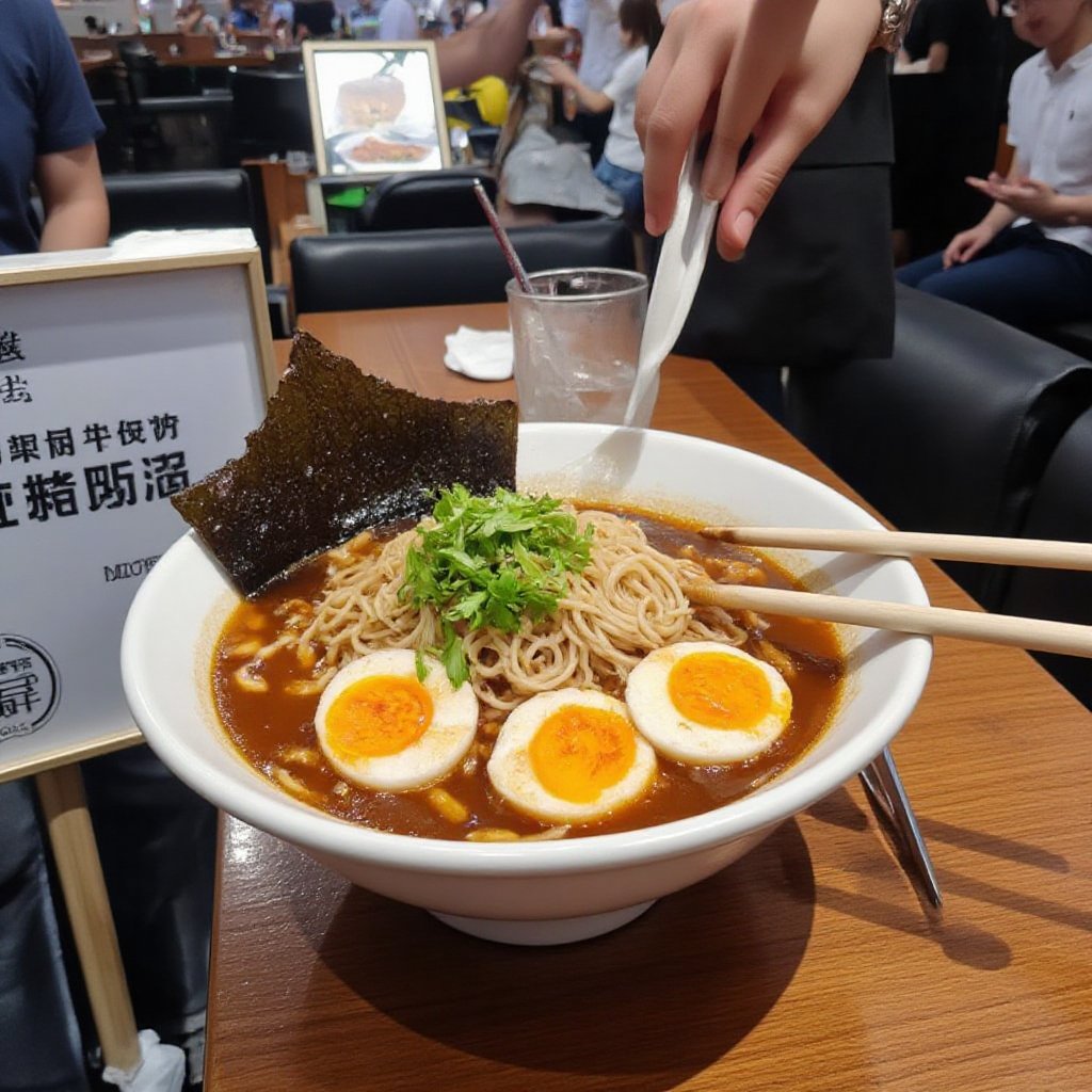 photo of Japanese ramen on a street vendor's cart table, photo taken in the afternoon with super realistic cellphone quality