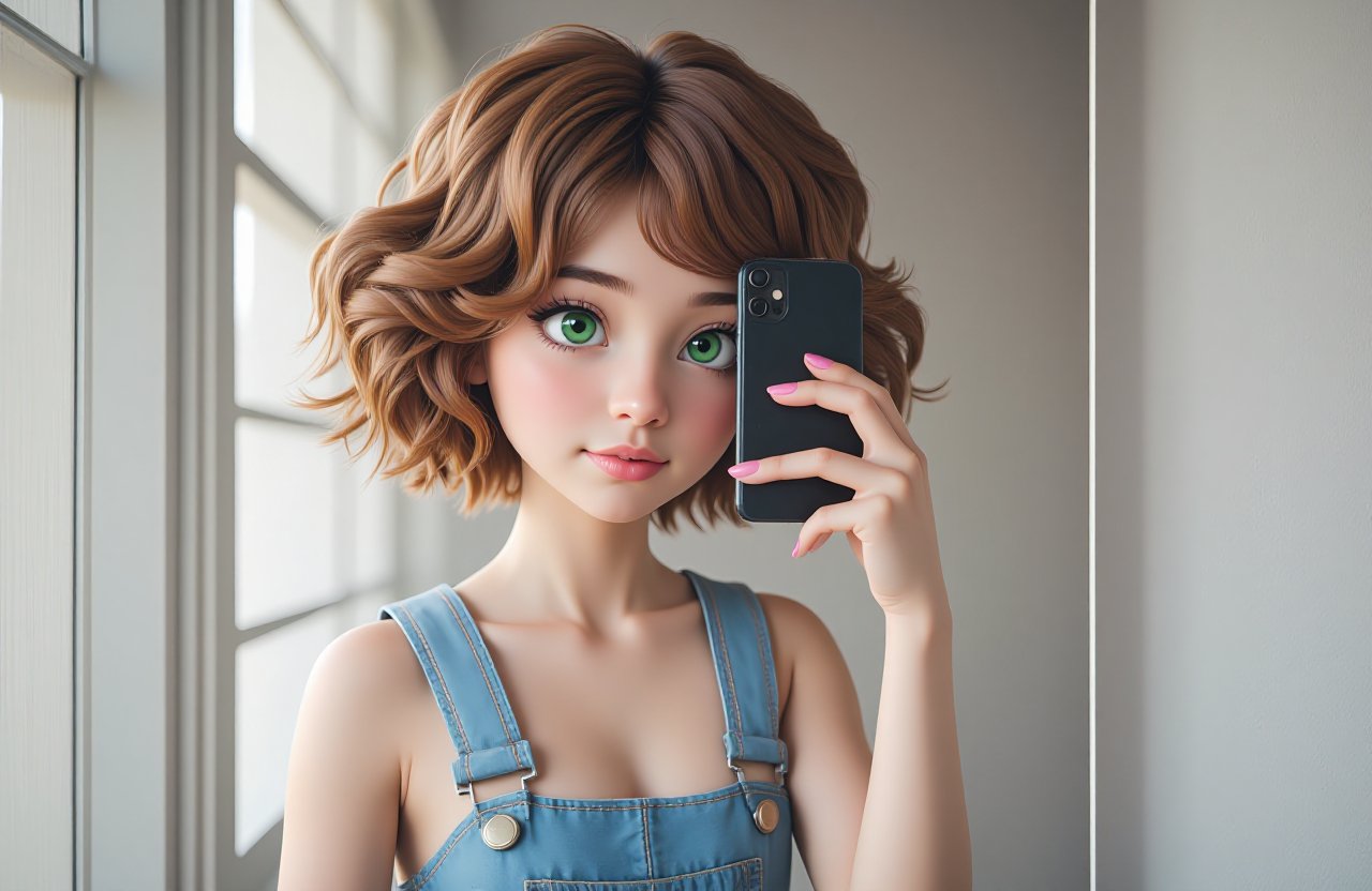 A photo of a girl, 3d cartoo, short curly hair, fair-haired, holding, green eyes, indoors, pink nail polish, phone, iphone, smartphone, holding phone vertical, realistic, selfie, overalls, taking picture, photo background, photo inset, looking into a mirrow, 
mouth closed