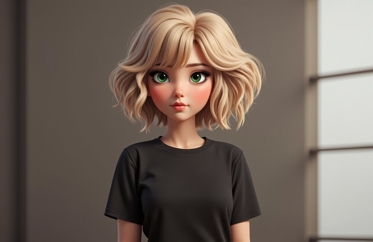 A photo of a girl, 3d cartoon, looking at viewer with three-quarter angle,  short hair, fair-hairedб curly hair, shirt, green eyes, jewelry, closed mouth, upper body, short sleeves, indoors, lips, black shirt, t-shirt,  realistic, photographic