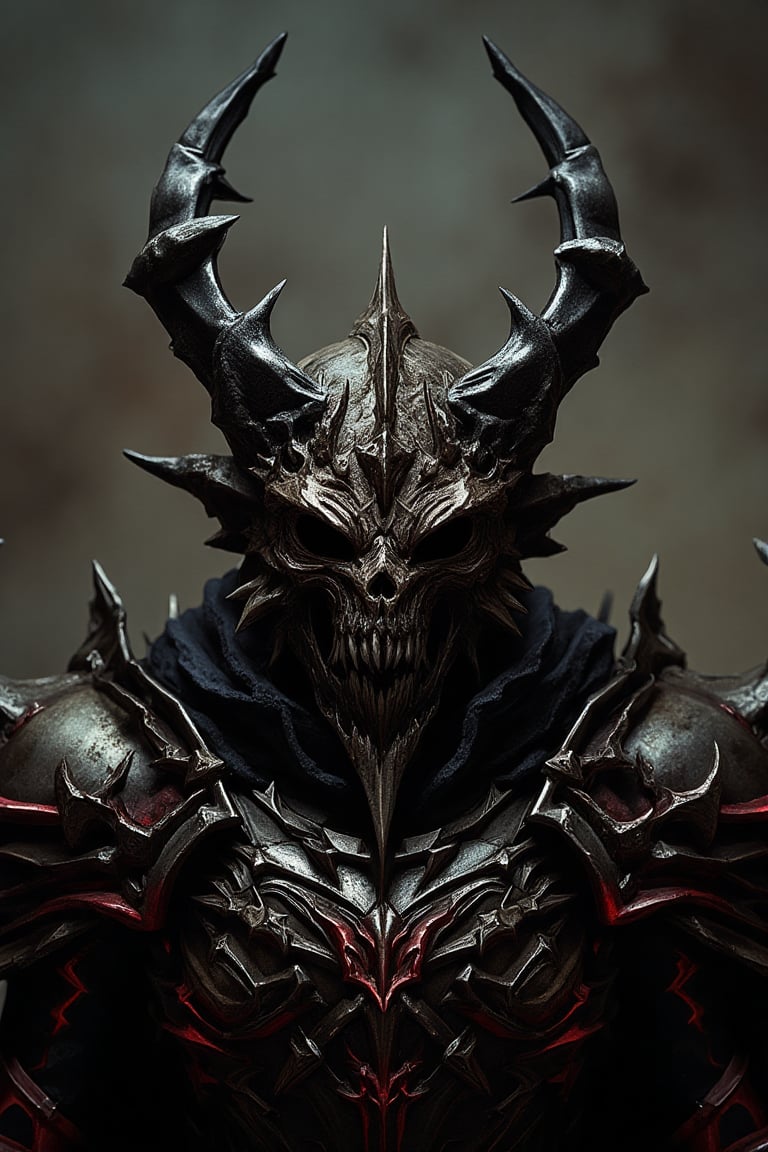 Full-body, head zoom view, dark fantasy character's head featuring a monstrous helmet. The helmet is adorned with large, curved horns protruding from the sides and top, some with sharp spikes jutting out. The faceplate of the helmet is a grotesque, skeletal visage with sharp, jagged teeth and demonic eyes, creating an intimidating and horrifying appearance. The armor is dark and menacing, highlighted with red and metallic tones, giving a fiery and battle-worn look. The shoulder armor is bulky and spiked, adding to the sinister presence of the character, and the lighting casts an eerie shadow, giving the character an imposing, otherworldly feel <...>,assassinkahb style