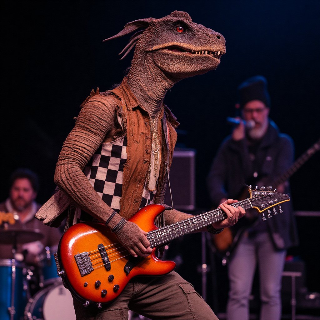 Velociraptor wearing a checkered short and cargo shorts playing a sunburst Rickenbacker bass guitar in a punk band on stage.