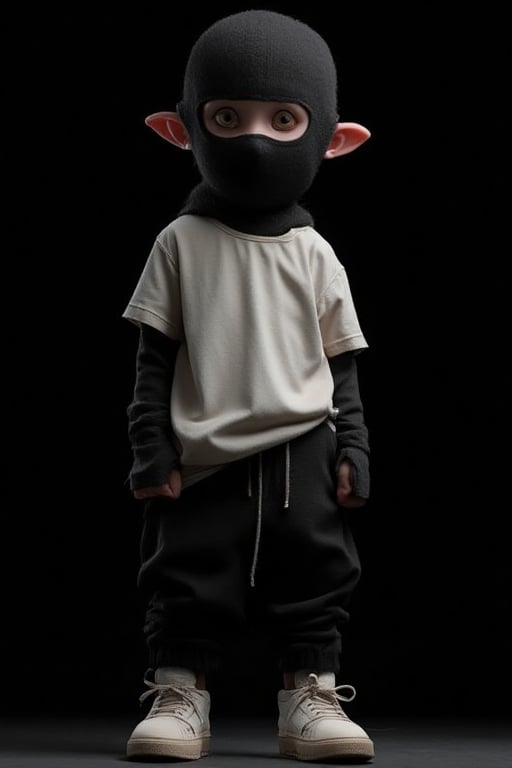 A closeup photo of a cartoon character, with an enlarged head wearing a black ski mask, **no visible ears**, short and skinny body, white tee shirt, black sweatpants, and solid white sneakers, photo shoot, black background, full body standing in a T pose. High-end studio camera, with soft studio lighting, and a cinematic shot. f/1.4 wide aperture, sharp focus details present. ::4 makeup and heavy retouching ::-2 centered, with powerful composition and vivid colors ::1
